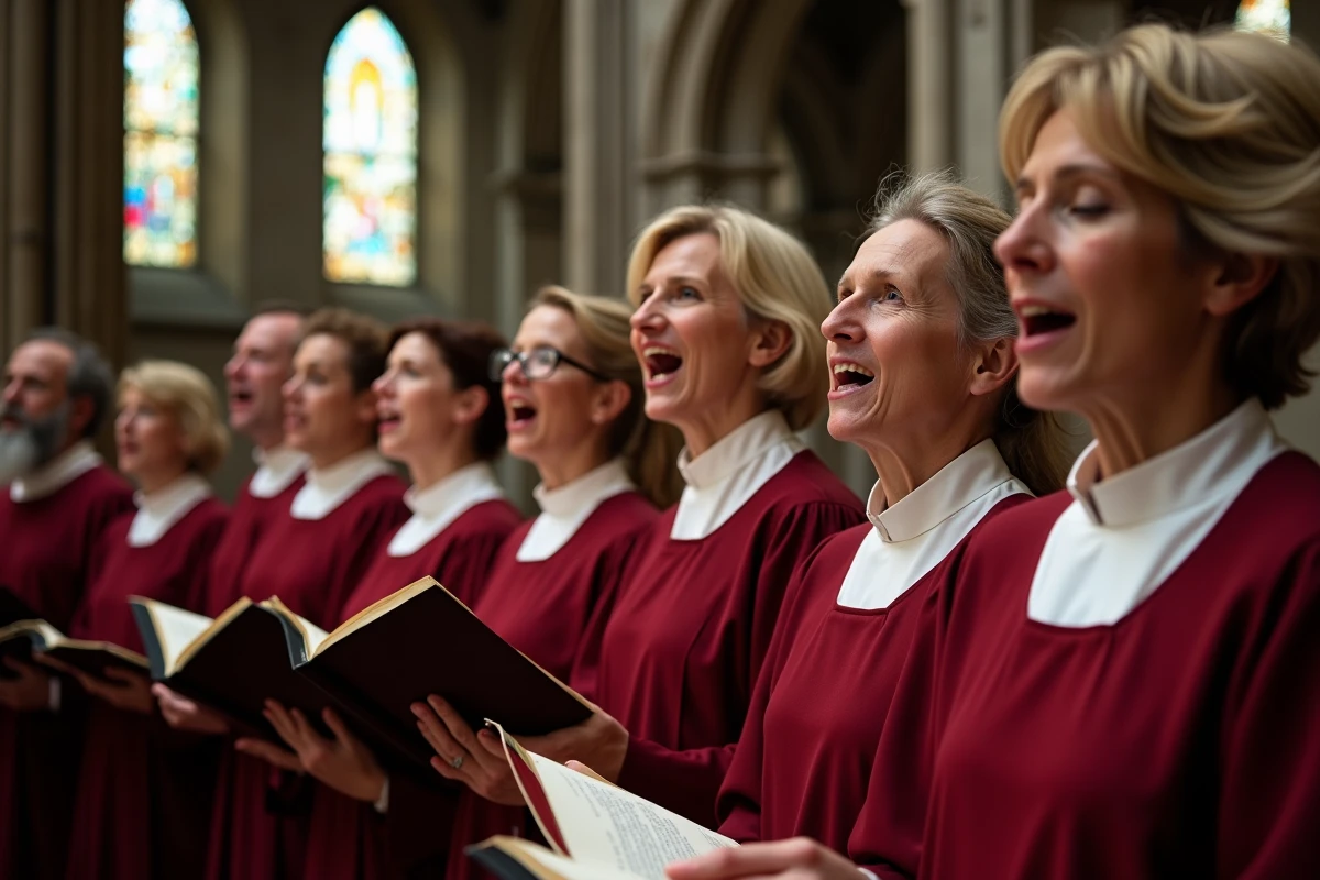 Choeur liturgique adulte en robes bordeaux chantant dans une église romane en pierre