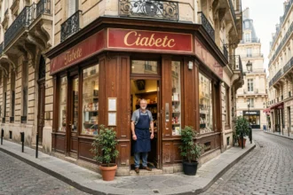 Façade d'une civette parisienne traditionnelle près d'un grand hôtel haussmannien, avec enseigne Tabac rouge et or sur une rue pavée