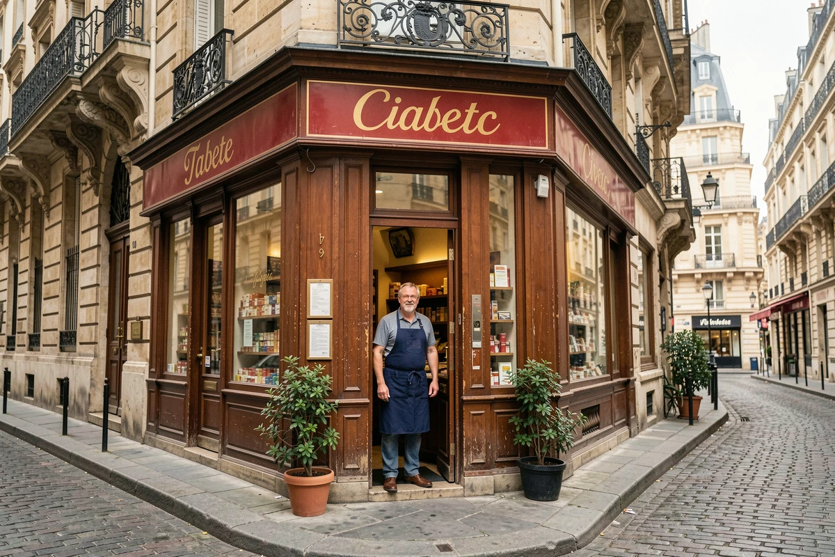 Façade d'une civette parisienne traditionnelle près d'un grand hôtel haussmannien, avec enseigne Tabac rouge et or sur une rue pavée