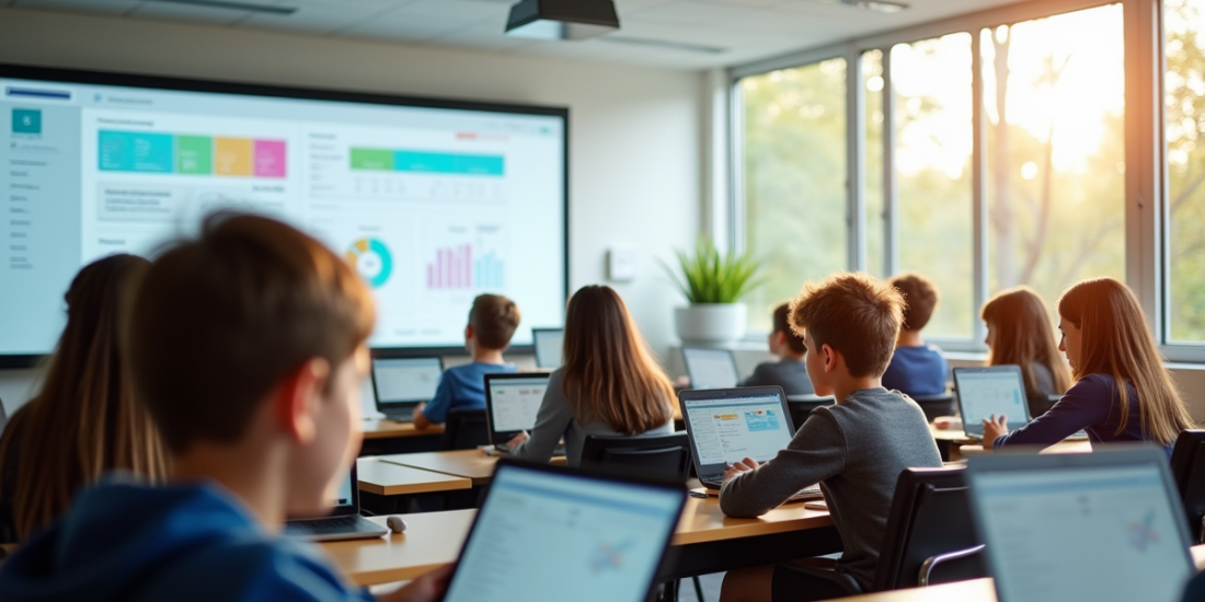 Salle de classe moderne avec élèves utilisant tablettes et tableau numérique