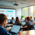 Salle de classe moderne avec élèves utilisant tablettes et tableau numérique