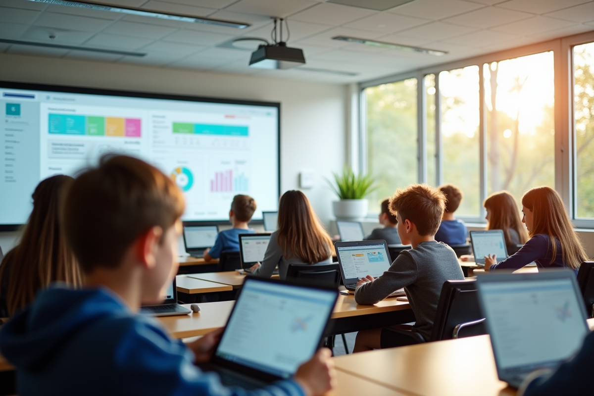 Salle de classe moderne avec élèves utilisant tablettes et tableau numérique