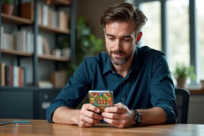 Homme concentré jouant à un jeu de plateau mobile avec des récompenses virtuelles sur smartphone dans un bureau moderne