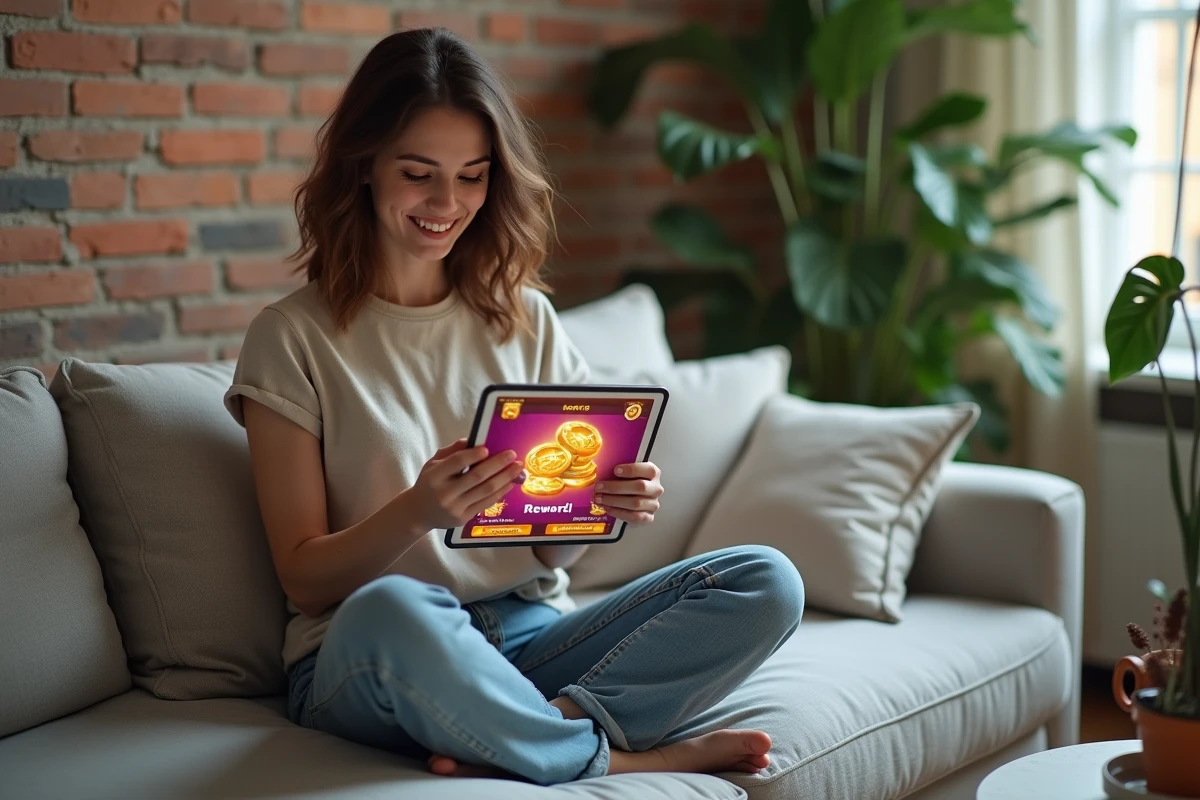 Femme détendue consultant les récompenses du Club des magnats sur une tablette dans un appartement moderne