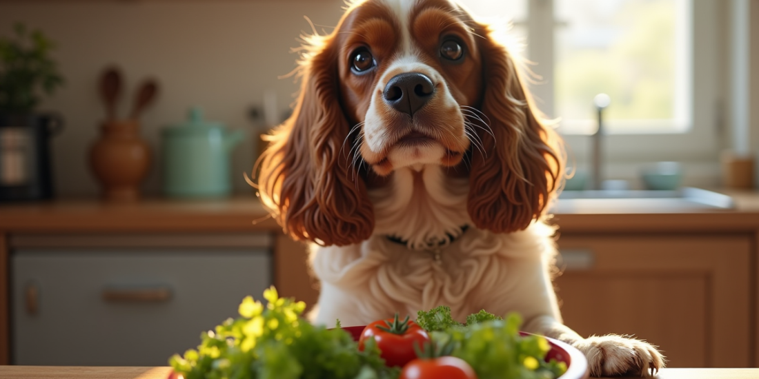 Cocker anglais assis à la table avec un bol de légumes frais