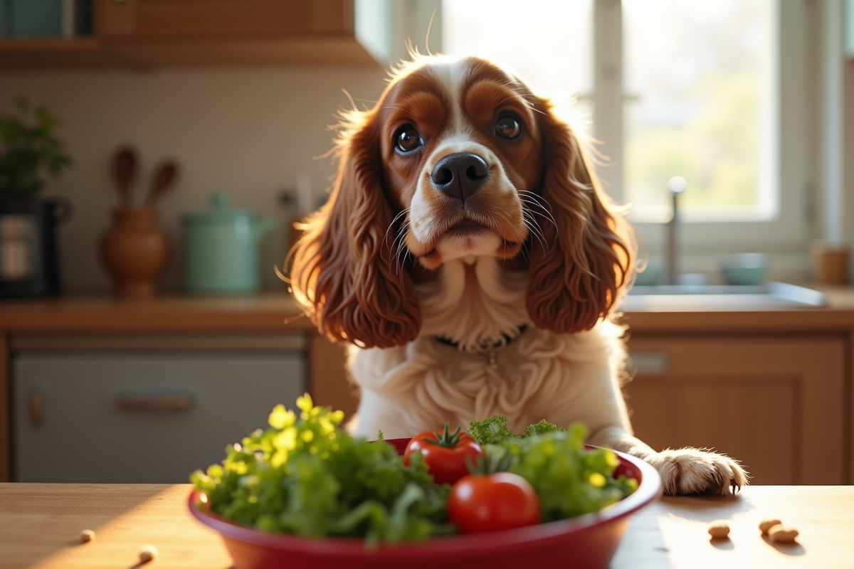 Cocker anglais assis à la table avec un bol de légumes frais