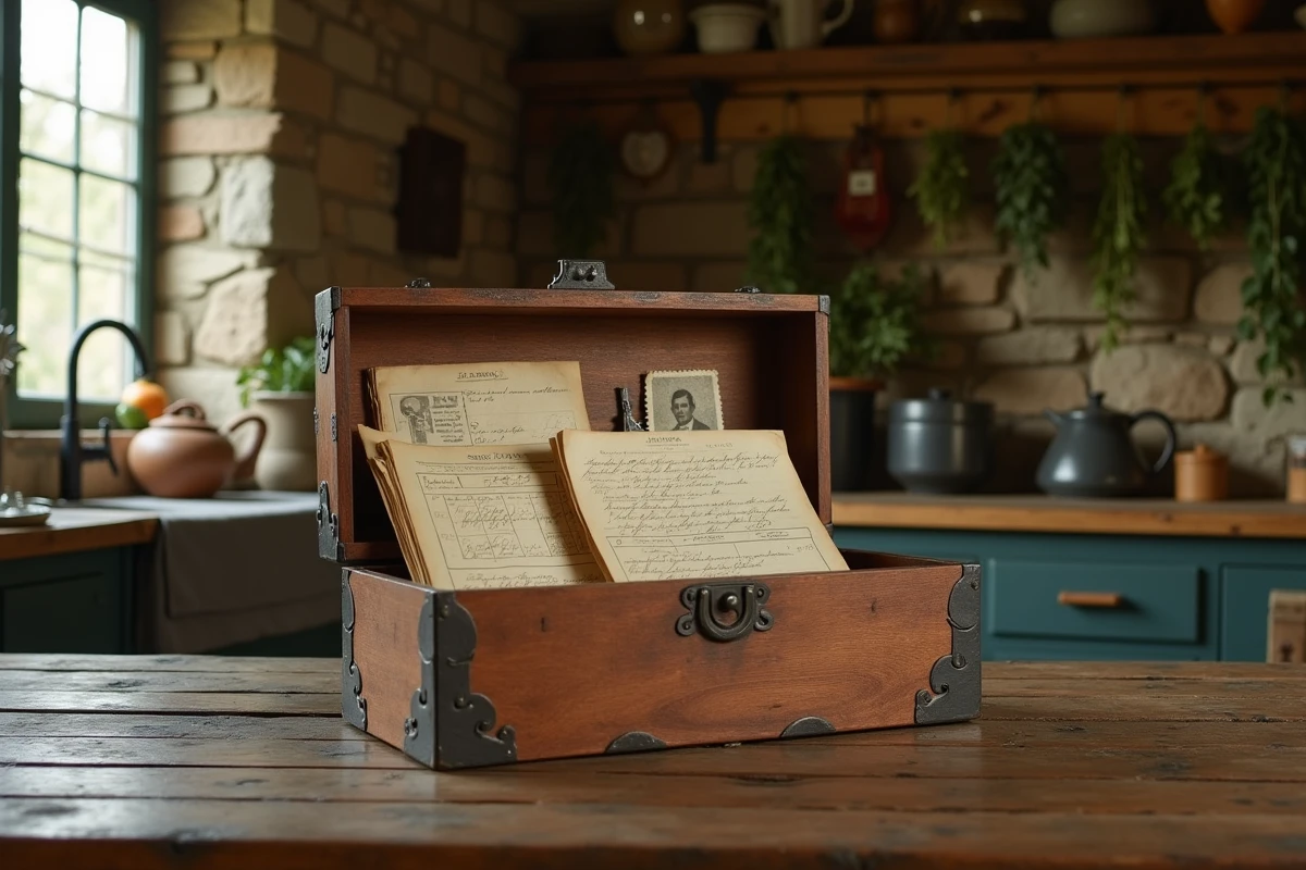 Coffre en bois contenant des documents familiaux anciens et des photographies en noir et blanc sur une table de ferme rustique
