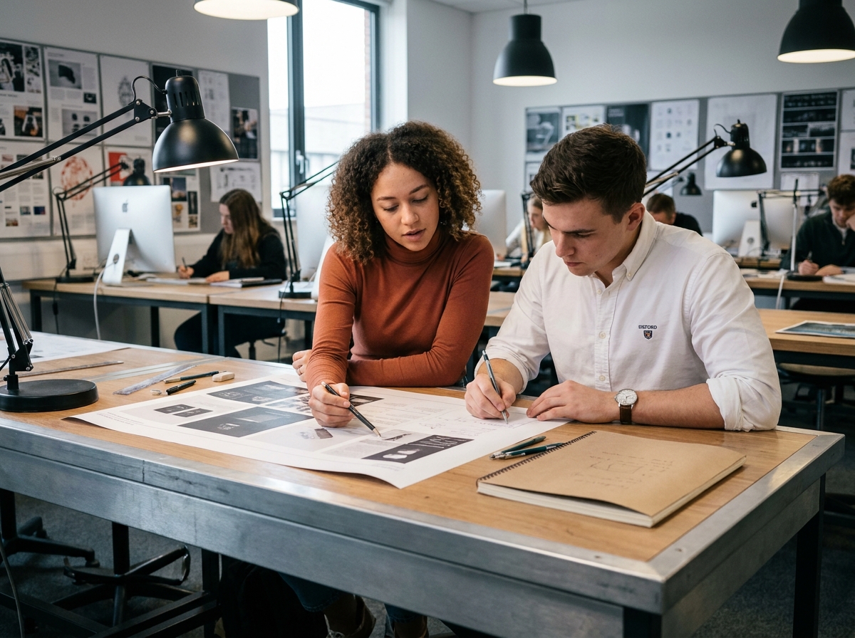 Deux étudiants en design graphique collaborant sur un projet de mise en page imprimée dans un studio scolaire en open space