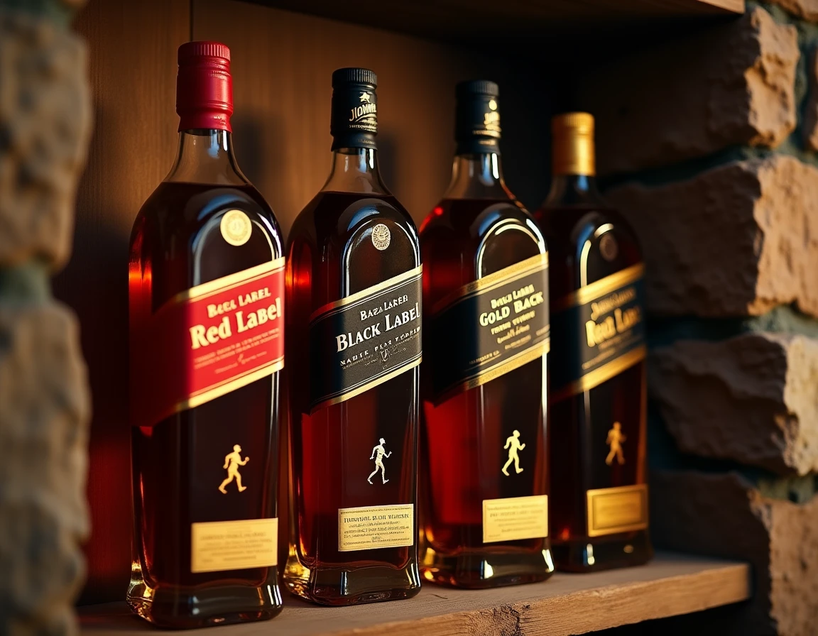Alignement de quatre bouteilles Johnnie Walker différentes sur une étagère en chêne dans une cave à whisky rustique aux murs en pierre