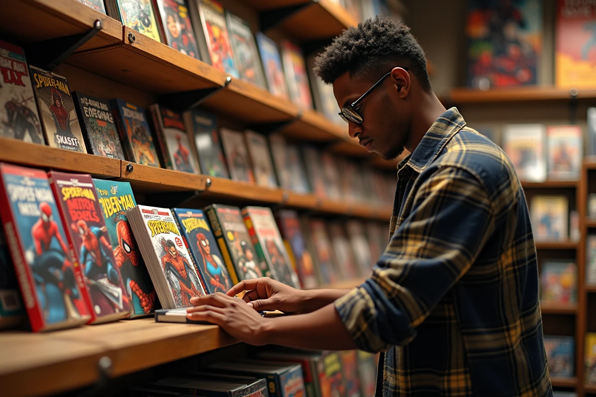 Employé d'une librairie de comics arrangeant une collection de bandes dessinées Miles Morales Spider-Man sur une étagère en bois