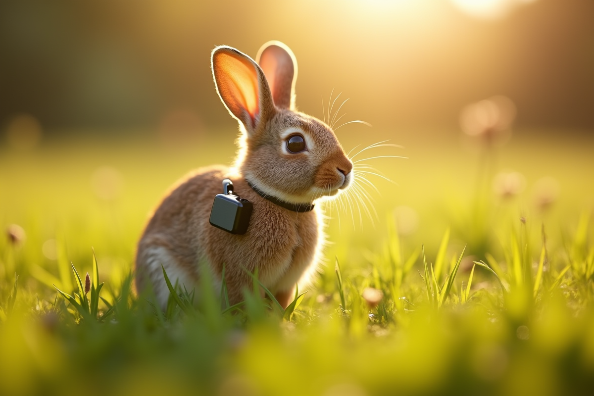 Collier avec dispositif de suivi sur un lapin dans un champ ensoleille