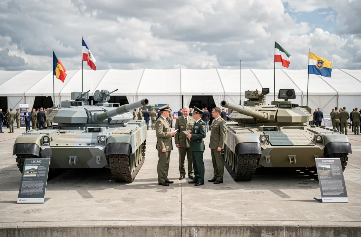 Comparaison statique du char Leclerc et du Leopard 2 lors d'un salon de défense européen, avec officiers militaires en discussion technique