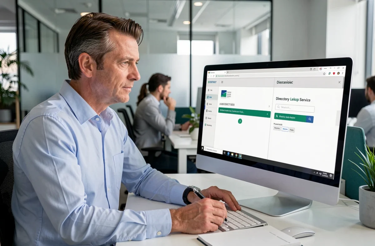 Homme comparant des services d'annuaire inversé sur un ordinateur de bureau en open space