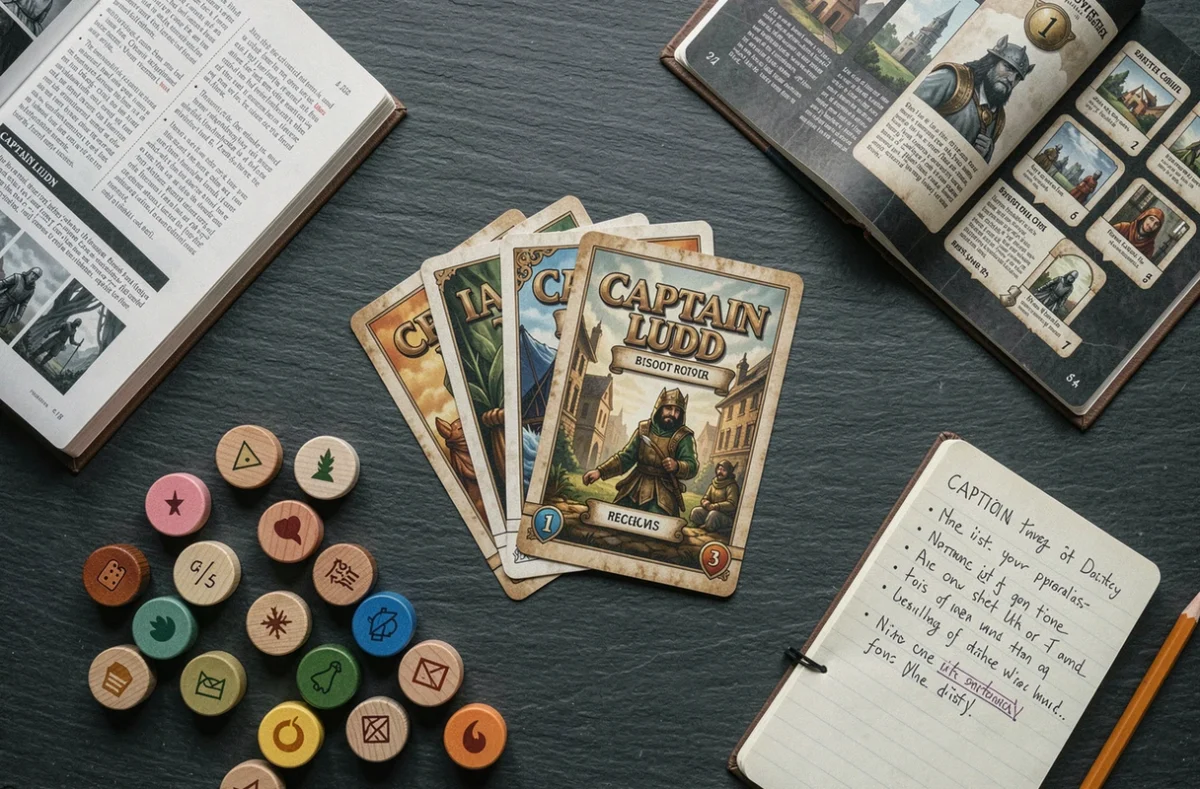 Vue de dessus des composants du jeu Captain Ludd : cartes, jetons en bois et livret de règles sur table ardoise