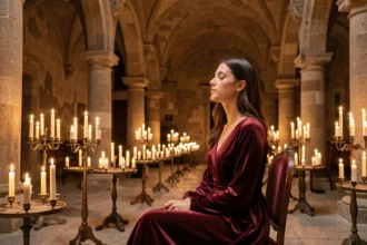 Jeune femme en robe bordeaux écoutant un concert Candlelight dans une salle historique lyonnaise illuminée par des bougies