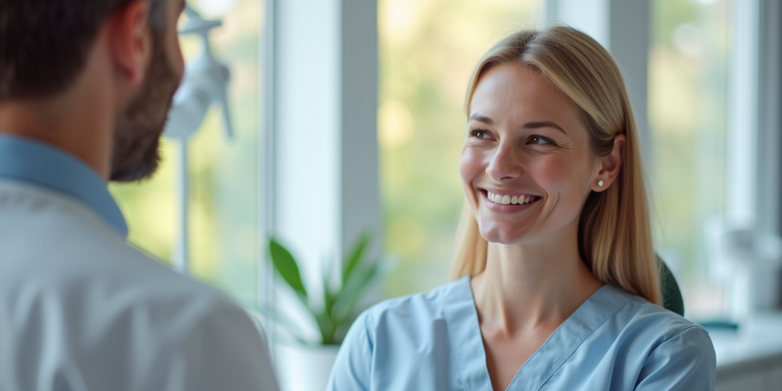 Patient souriant discutant options d'implants dentaires avec dentiste