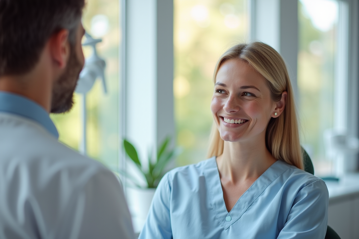 Patient souriant discutant options d'implants dentaires avec dentiste