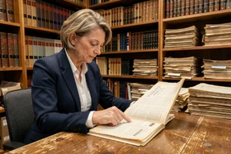 Femme consultant une ancienne édition du Journal Officiel des associations dans une salle d'archives