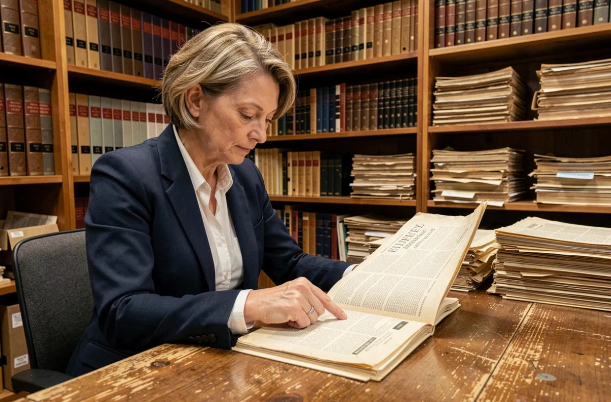 Femme consultant une ancienne édition du Journal Officiel des associations dans une salle d'archives