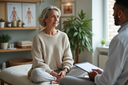 Femme assise en consultation dans une clinique naturelle