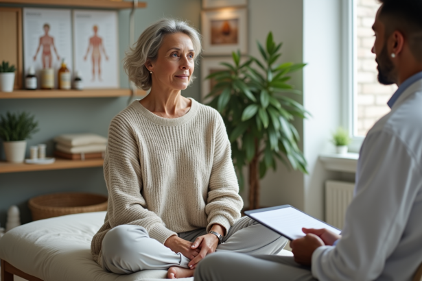 Femme assise en consultation dans une clinique naturelle