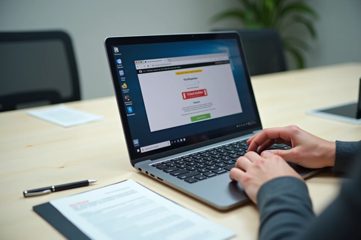 Mains tapant sur un ordinateur portable pour contester un retrait en attente sur un site de jeux en ligne douteux
