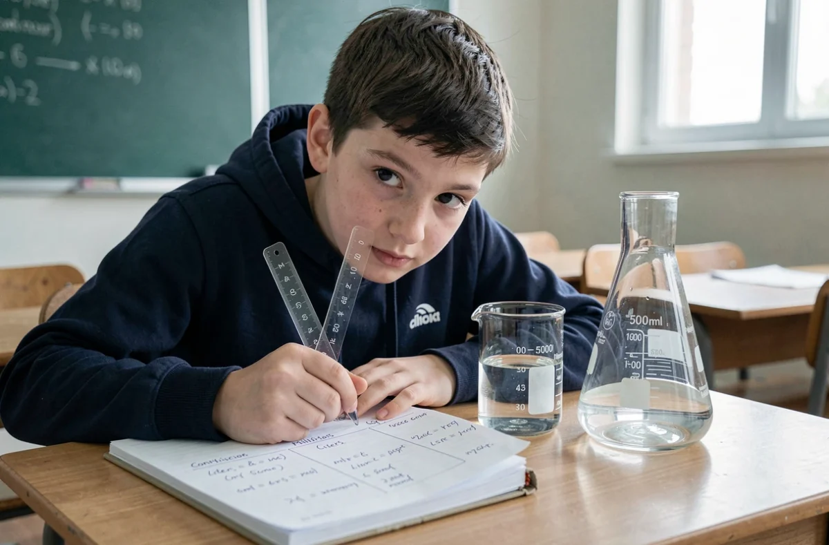 Adolescent étudiant la conversion litre en millilitres avec des béchers de laboratoire sur un bureau scolaire