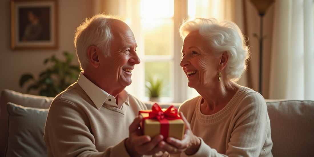 Couple agee echangeant cadeaux d anniversaire dans un salon lumineux
