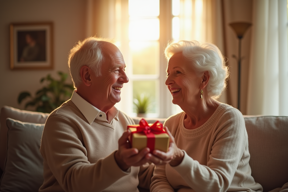 Couple agee echangeant cadeaux d anniversaire dans un salon lumineux