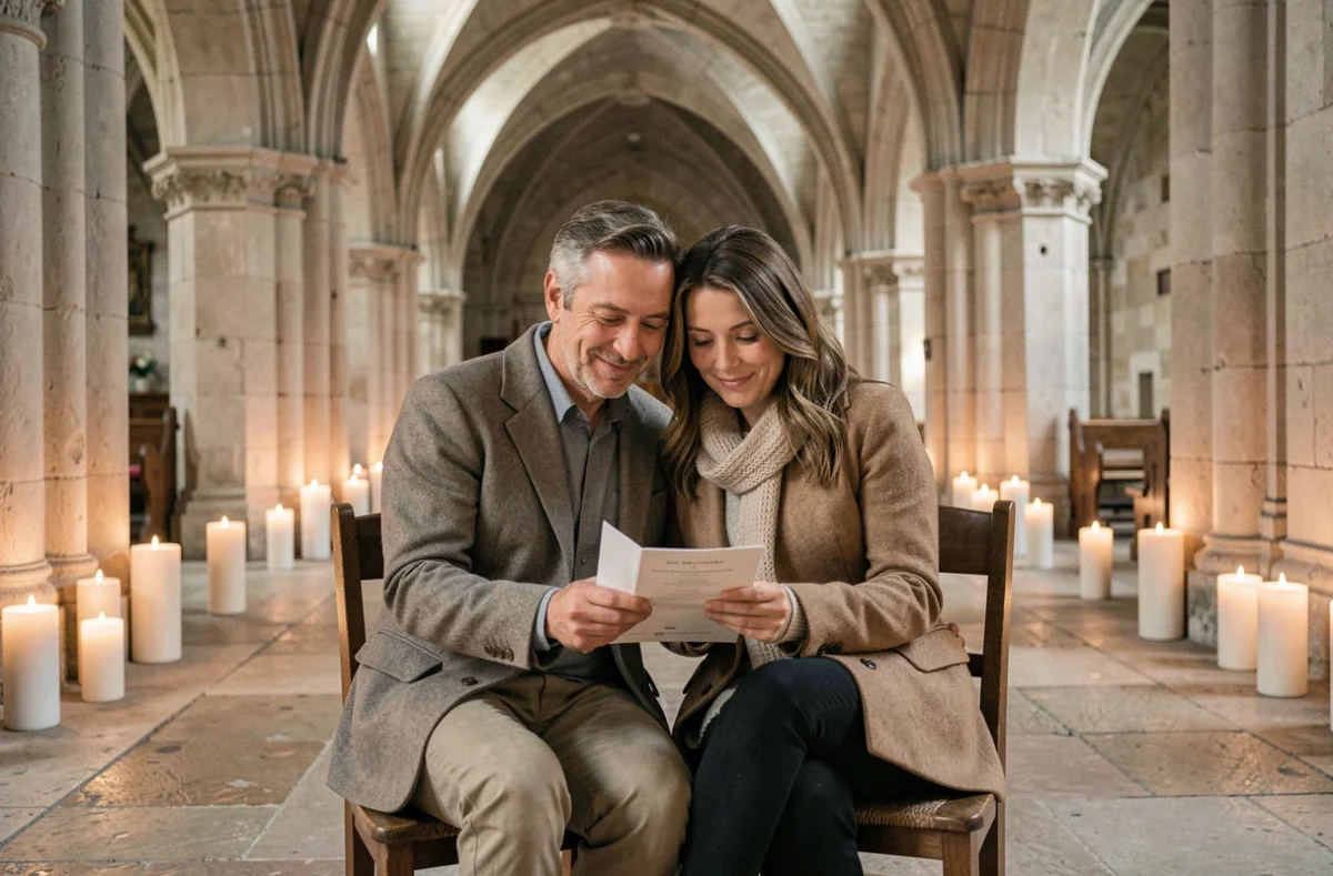 Couple attendant un concert Candlelight Lyon dans une chapelle gothique illuminée par des rangées de bougies blanches