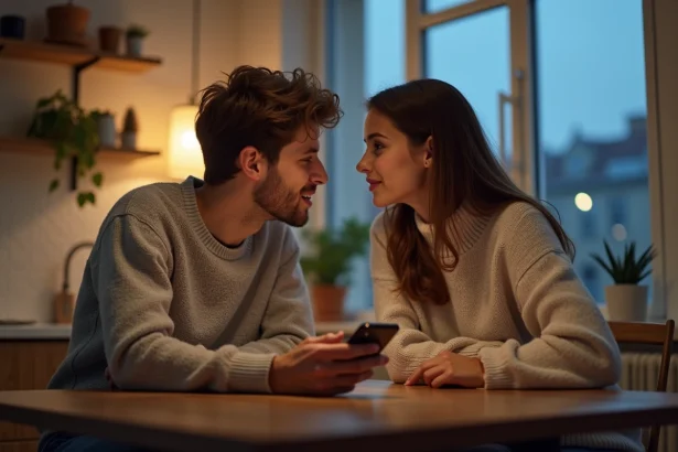 Jeune couple à la cuisine en soirée regardant leur smartphone