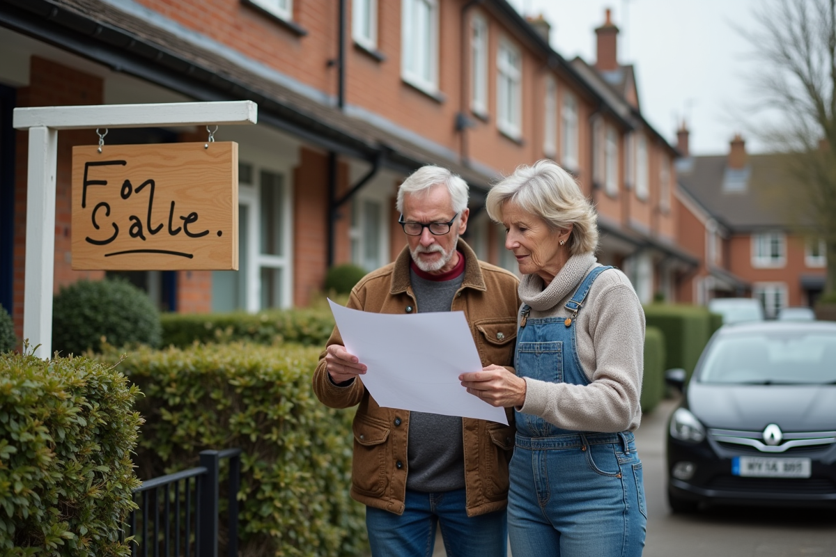 Couple regardant une maison avec panneau de vente et feuille d estimation