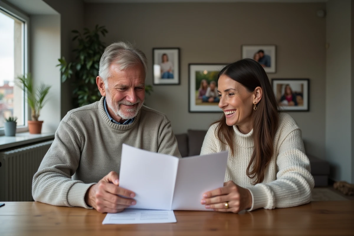 Couple d'adultes revoyant des documents de retraite à la maison