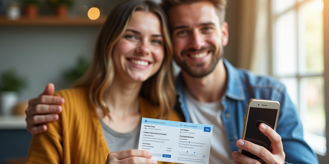 Jeune couple avec chèques vacances et smartphone lumineux