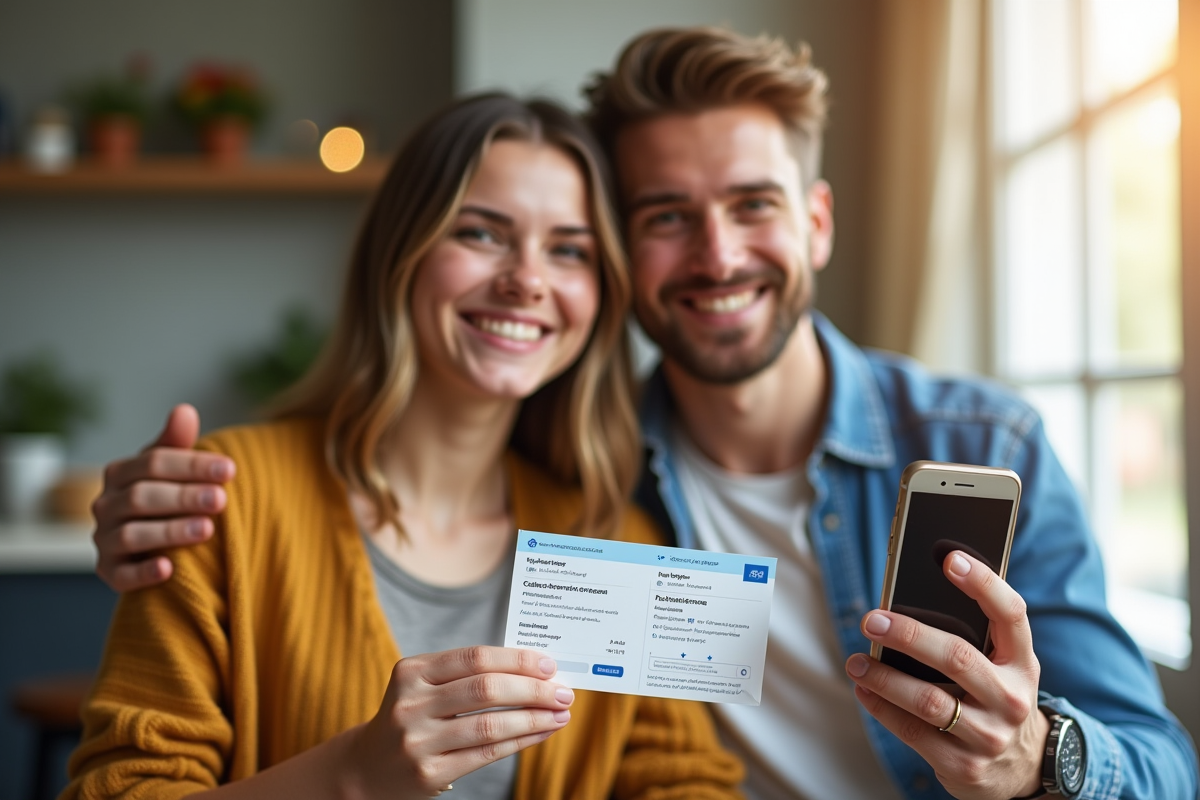 Jeune couple avec chèques vacances et smartphone lumineux