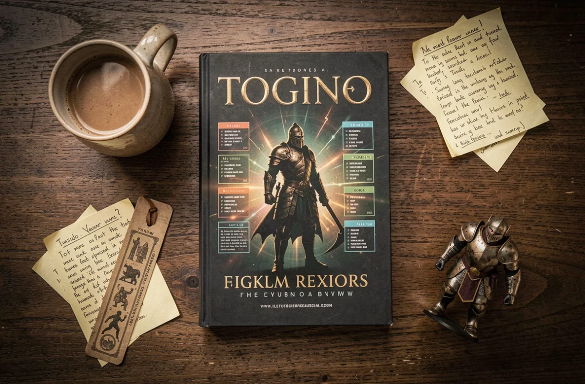 Mise en scène éditoriale d'un roman de progression heroïque avec annotations de lecteur et figurine de guerrier
