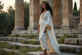 Femme incarnant une déesse grecque oubliée dans une robe blanche drapée sur des marches de temple en marbre ancien