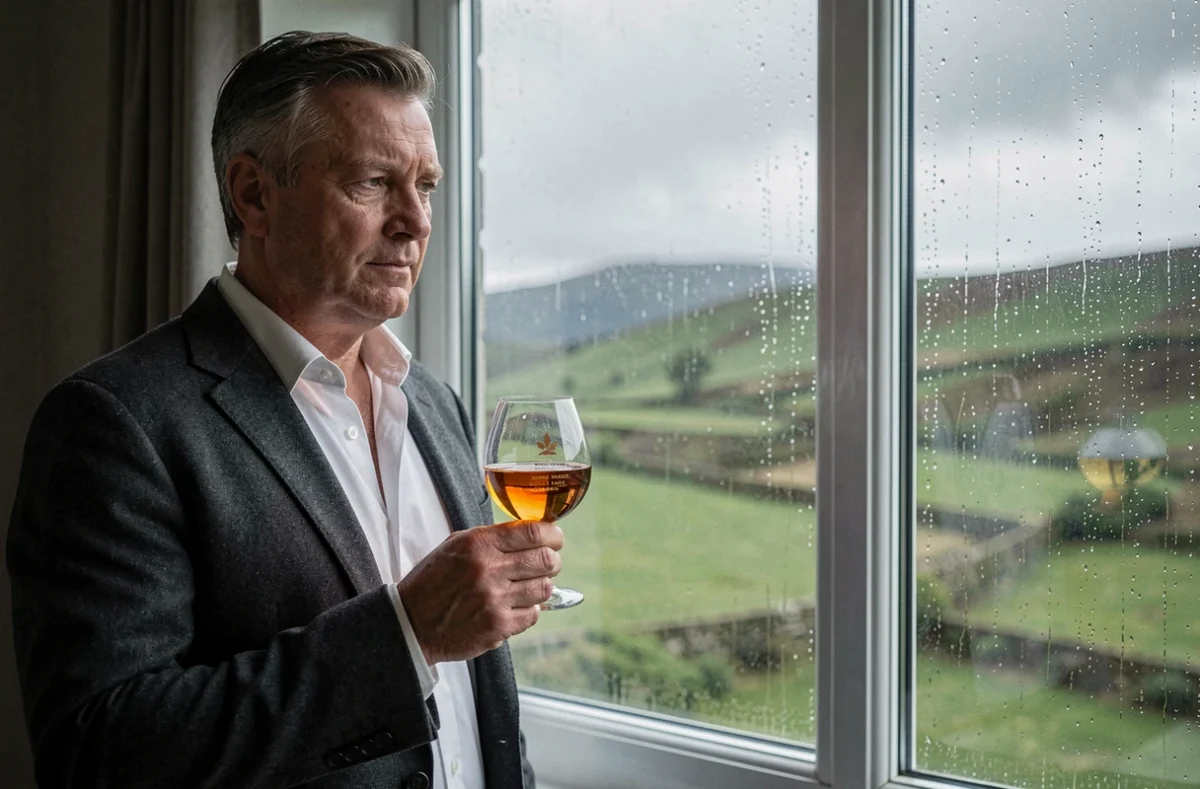 Homme élégant tenant un verre de Johnnie Walker Gold Label Reserve devant une fenêtre avec vue sur les Highlands écossais sous la brume