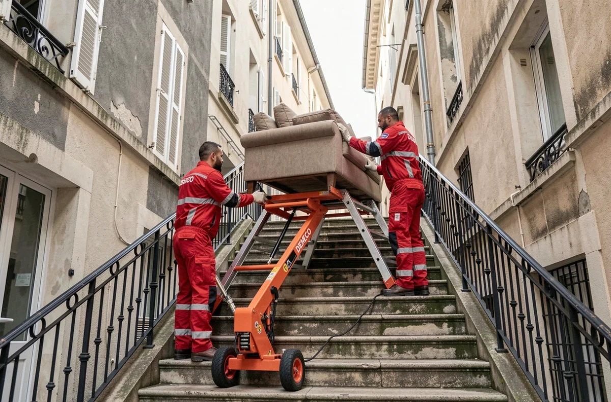 Équipe Demeco utilisant un diable motorisé pour descendre un canapé dans un escalier extérieur d'immeuble français