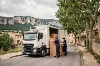 Équipe de déménageurs professionnels chargeant un camion sur une route pittoresque d'Ardèche avec paysage de collines et villages en pierre
