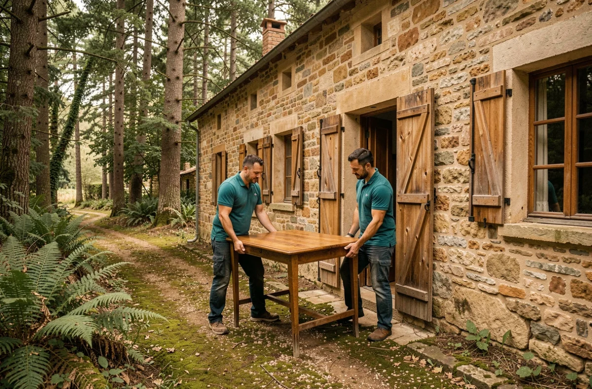 Deux déménageurs de Déménagements Jumeau portant une table en chêne à travers l'entrée d'une maison en pierre ardéchoise