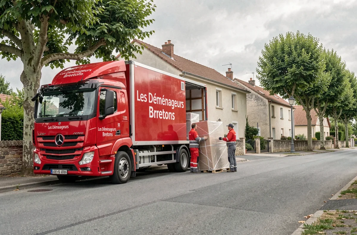 Camion rouge Les Déménageurs Bretons stationné devant une maison française avec des déménageurs chargeant des meubles emballés