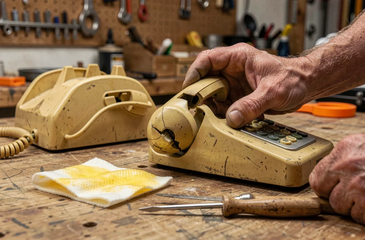 Gros plan sur des mains démontant un téléphone vintage jauni avec des outils de restauration sur un établi