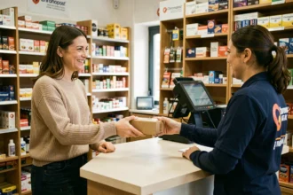 Femme déposant un colis Chronopost dans un relais de quartier chez un buraliste