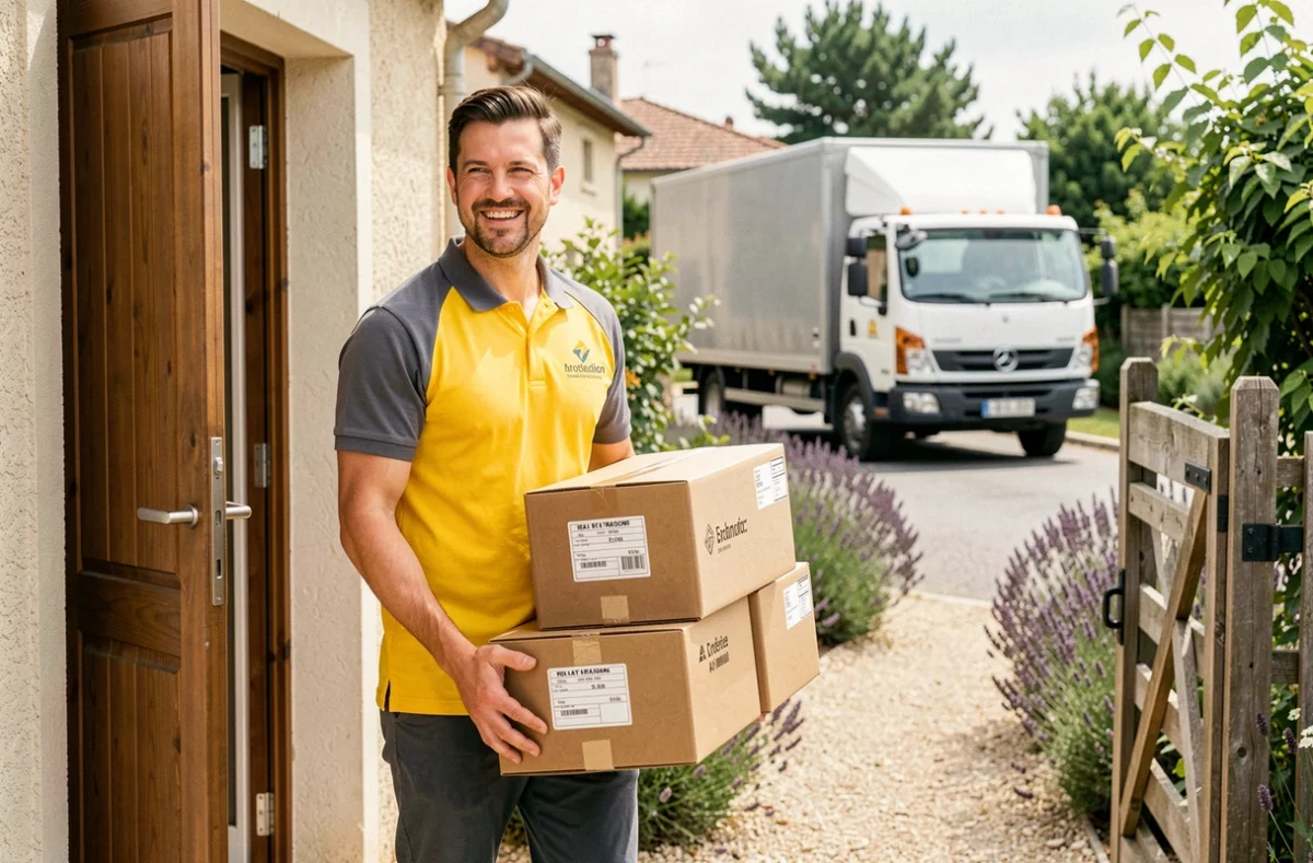 Déménageur de Des Bras en Plus portant des cartons étiquetés devant une maison de banlieue avec camion en arrière-plan