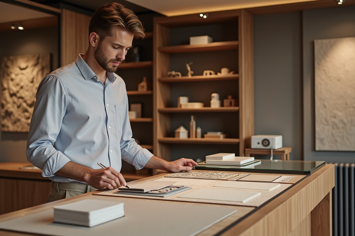 Jeune designer examinant des échantillons dans un showroom créatif