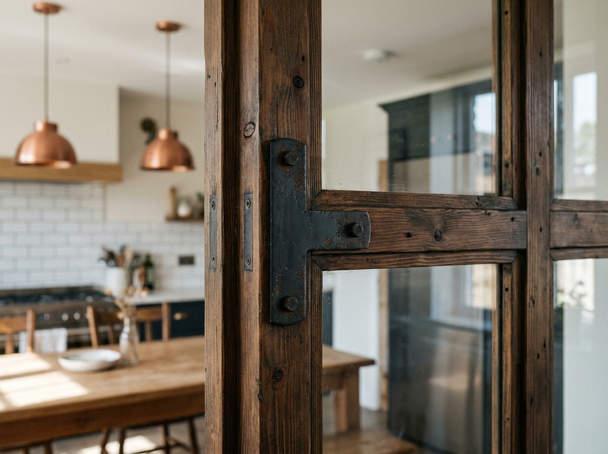 Détail de menuiserie d'une verrière en bois avec profilés en chêne et connecteurs en acier noir mat, esprit atelier artisanal