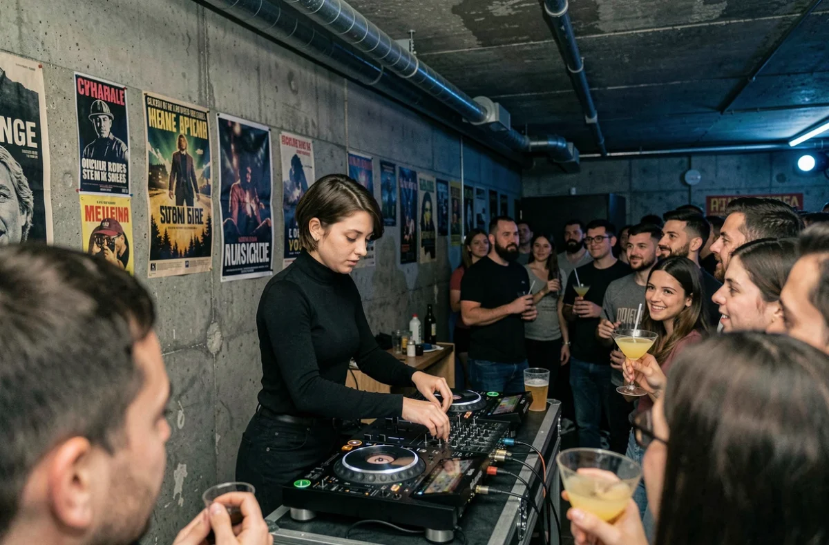 DJette en train de mixer dans un bar underground de Châtelet entourée d'un public passionné de musique