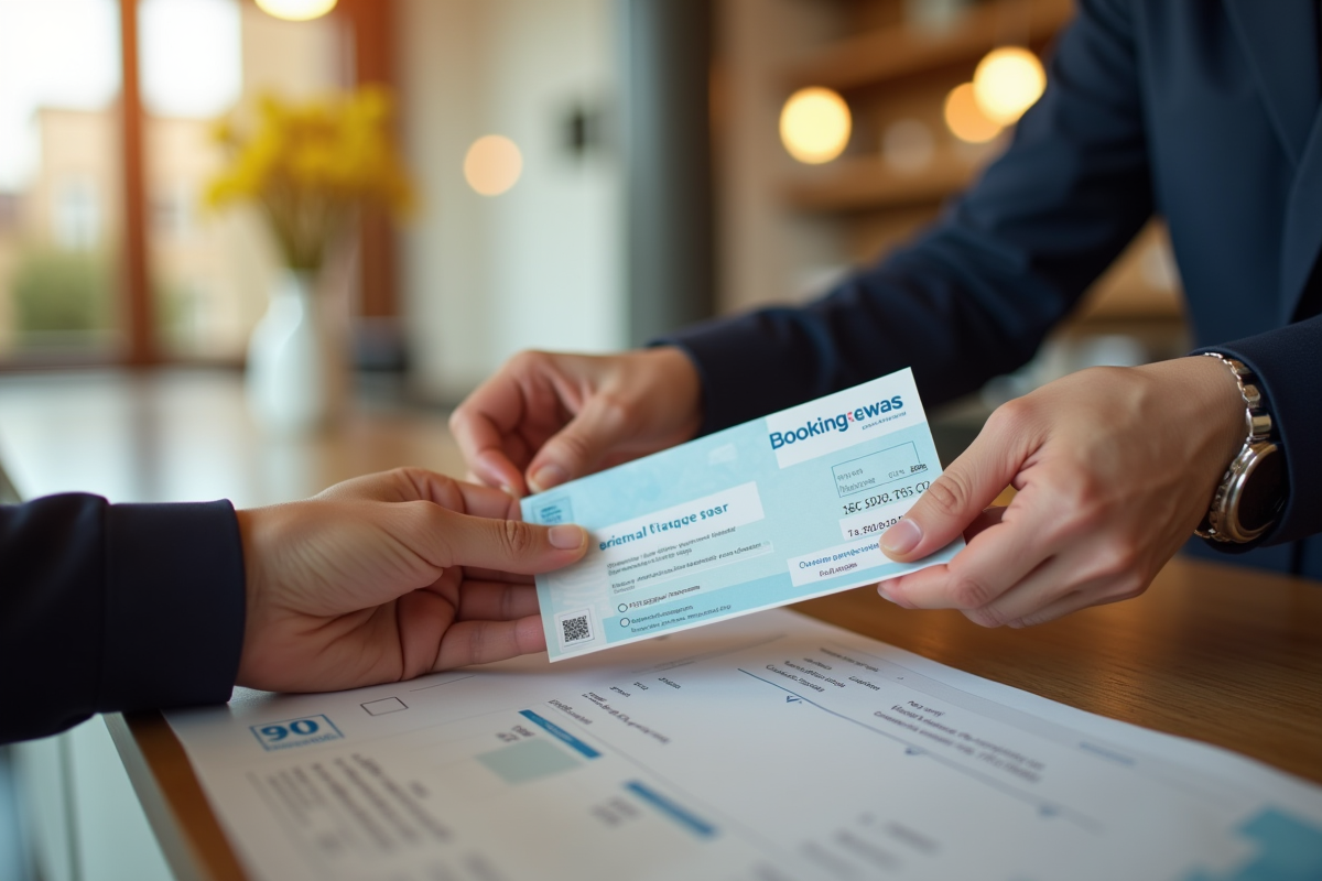 Echange de chèques vacances au comptoir d hotel en journée