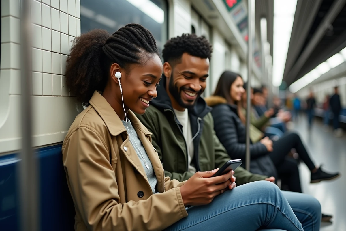 Deux jeunes amis écoutant ensemble des chanteurs américains dans le métro pour pratiquer l'anglais de façon naturelle et quotidienne